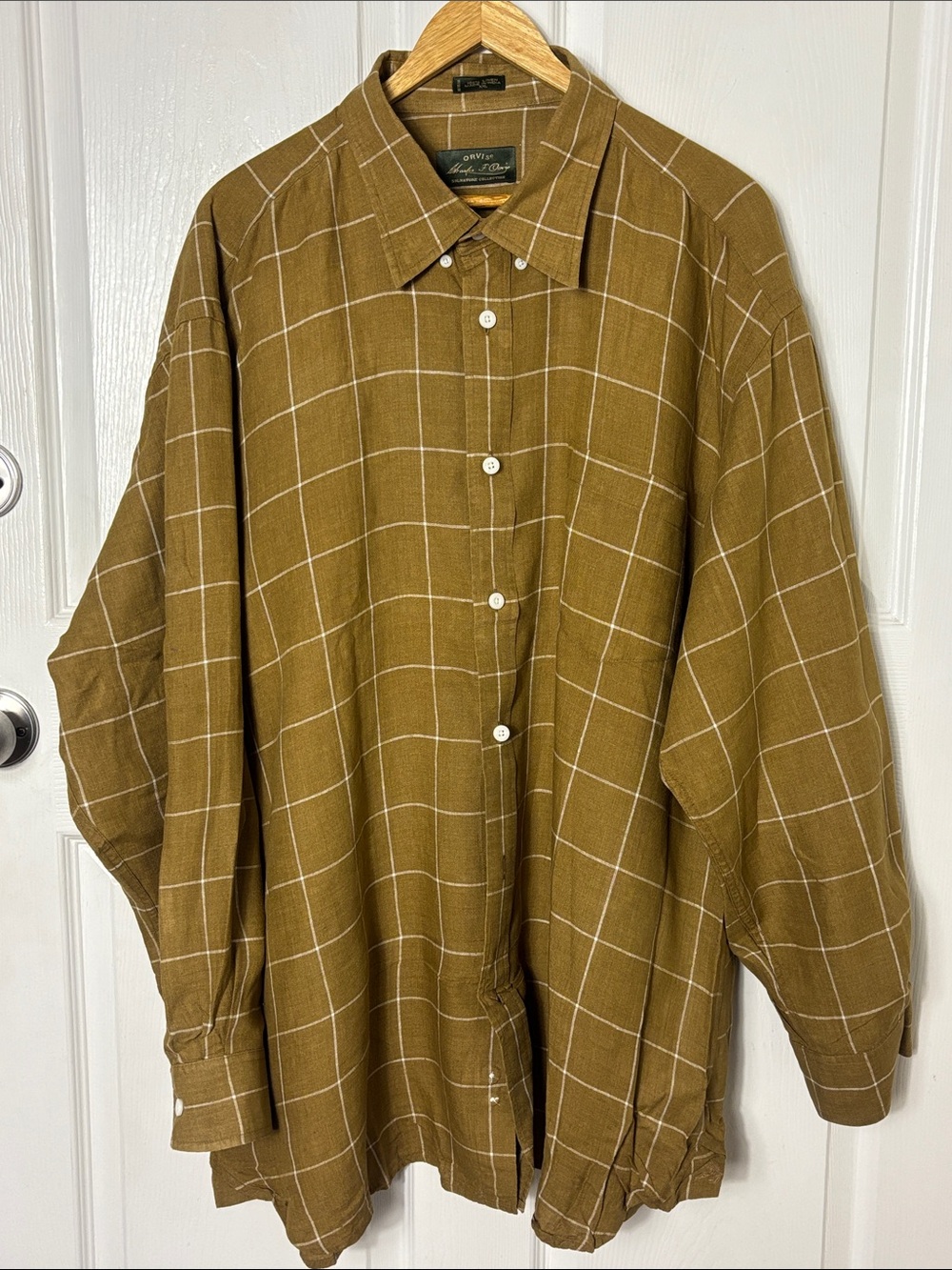 ORVIS Signature Collection Khaki Brown Linen Windowpane Button-Down Shirt XXL